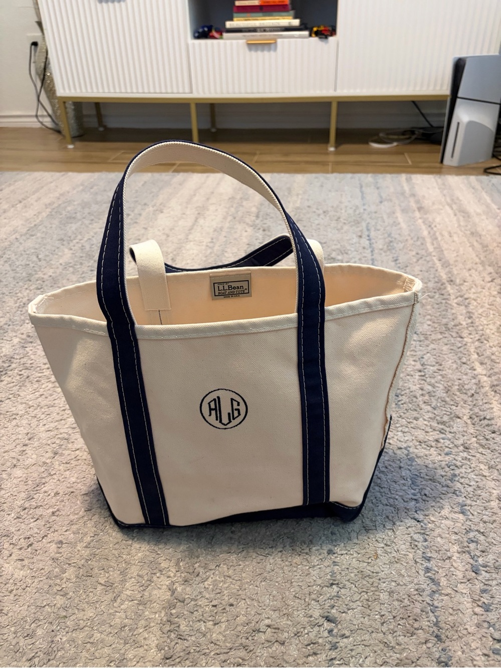 L.L. Bean Boat and Tote Canvas Bag Medium Navy Blue USA Made Monogram ALG Preppy